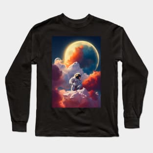 Astronaut sitting on clouds with red smoke in space with moon in the background Long Sleeve T-Shirt